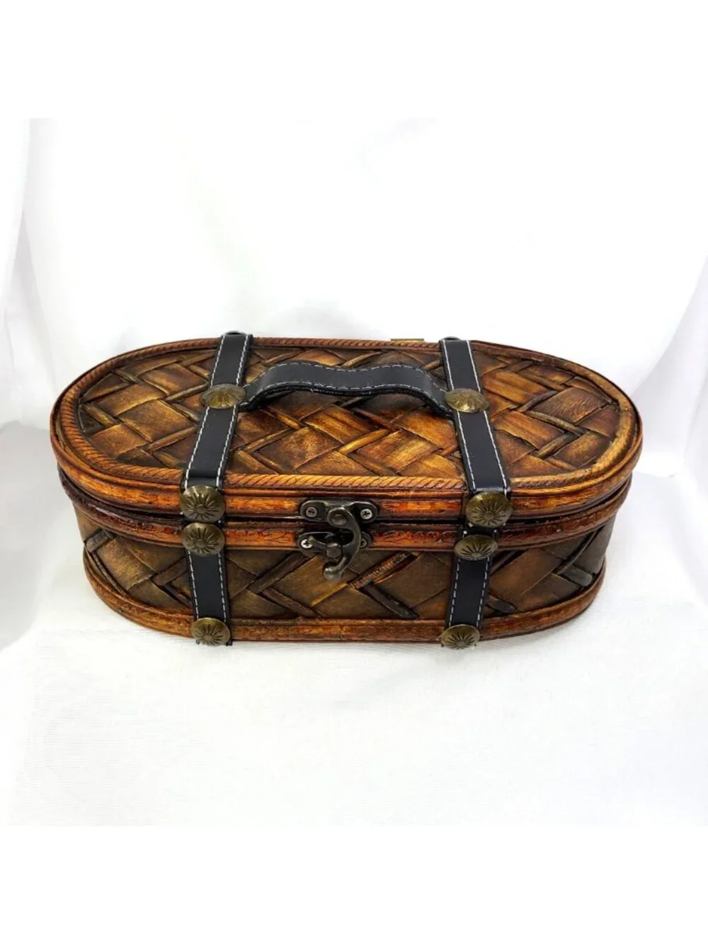 Vintage Wooden Woven Storage Basket With Leather Straps & Metal Accents 10